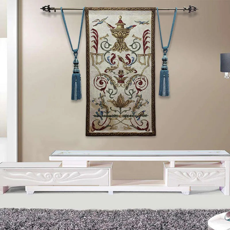 tapisserie murale coton floral baroque classique beige rouge verte bleue ornementations tringles tassels handwash