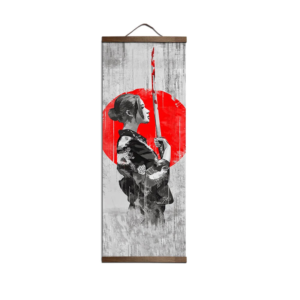 toile peinte art japonais femme épée fond texturé classique blanc noir rouge gris