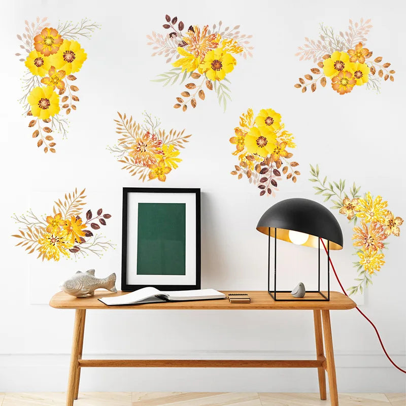 sticker mural adhésif fleurs aquarellées rose rouge jaune marron vert moderne chambre salon