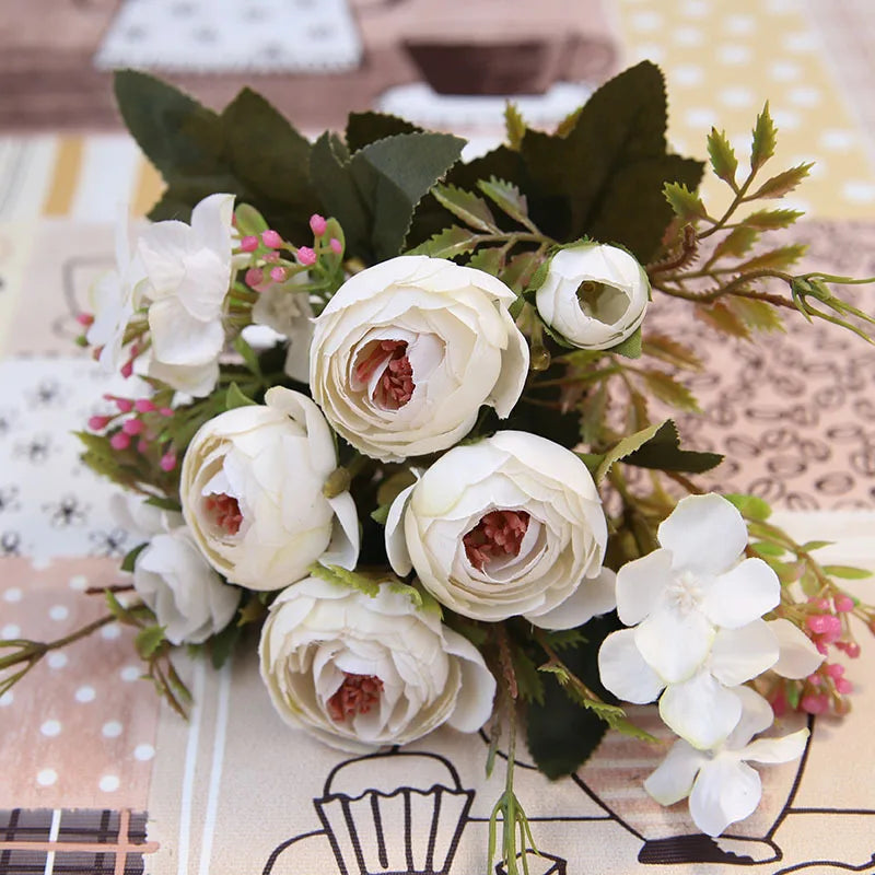bouquet artificiel rose blanc vert feuilles classique décoration intérieure mariage fêtes anniversaire gifts