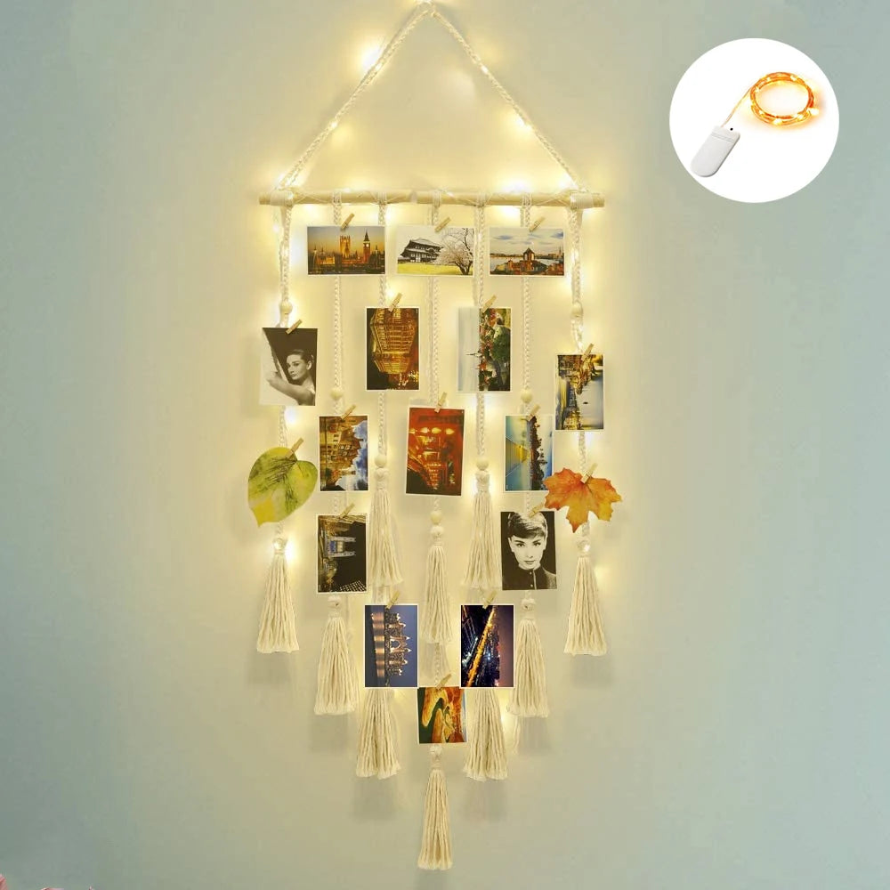 cadre photo murale bois corde tressée pompons bohème chambre enfant decoration chambre cadeau amis