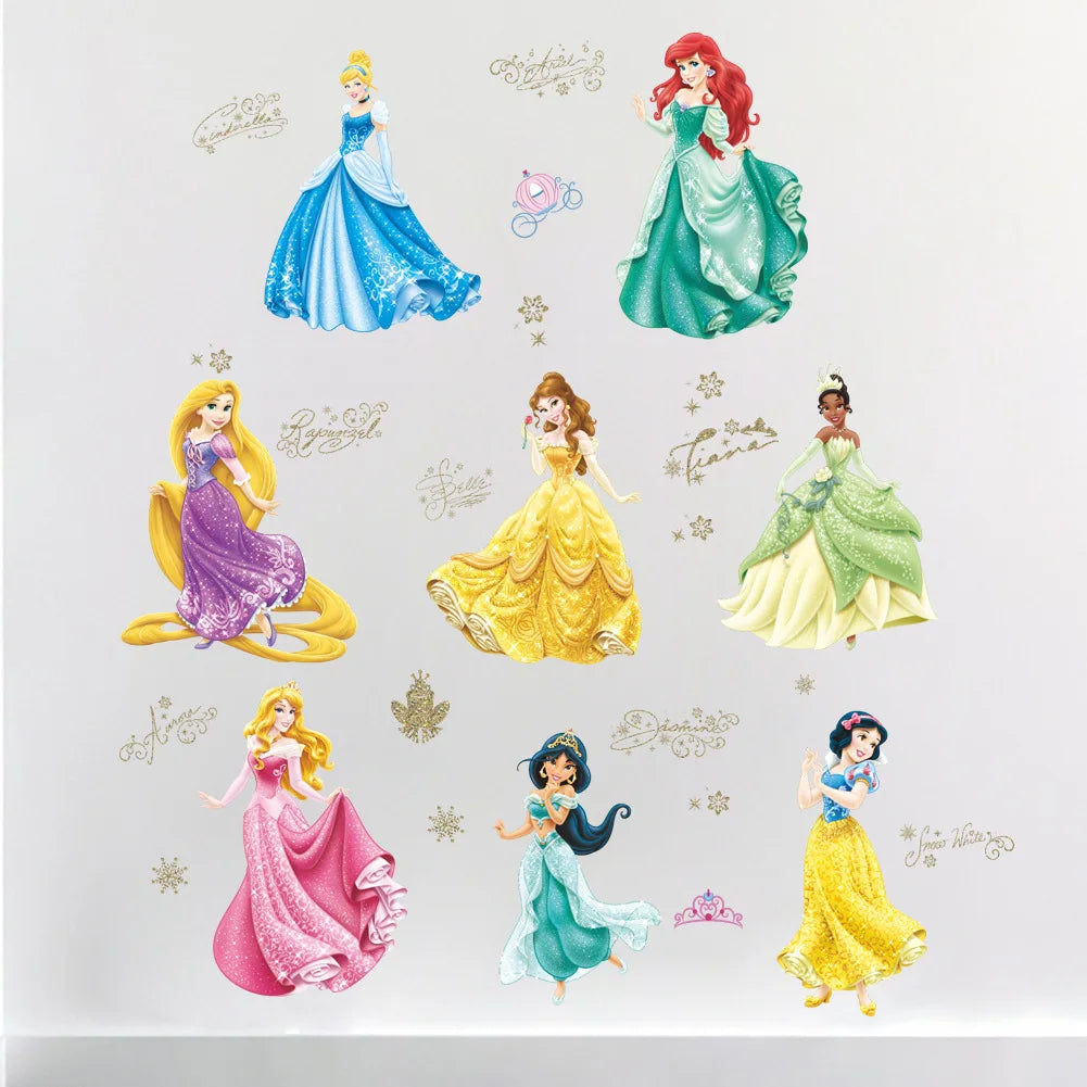 Stickers muraux princesses Disney élégantes rose bleu vert chambre enfant illustration PVC
