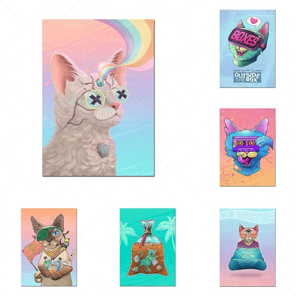 Une collection d'illustrations colorées et fantaisistes mettant en scène des chats dans des poses amusantes et expressives.