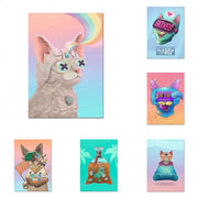 tableau toile chat animé contemporain divers coloré psychédélique pop art toiles encadrées illustrations félins