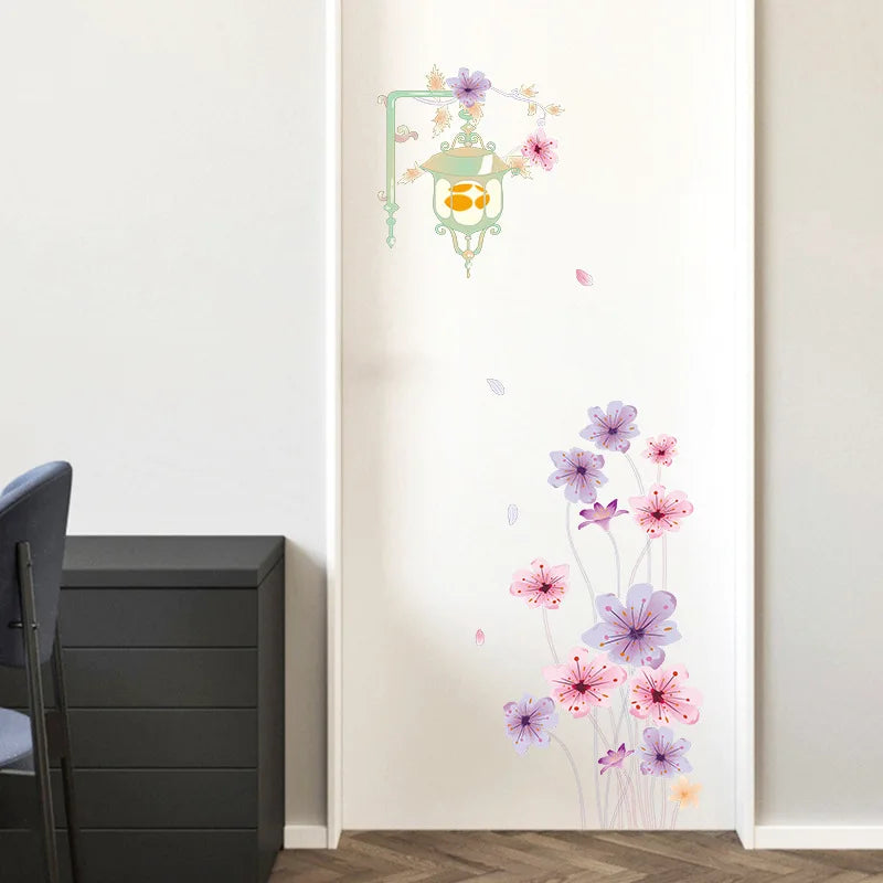 autocollant mural fleurs stylisées moderne vert pastel rose violet blanc opaques décoration intérieure chambre