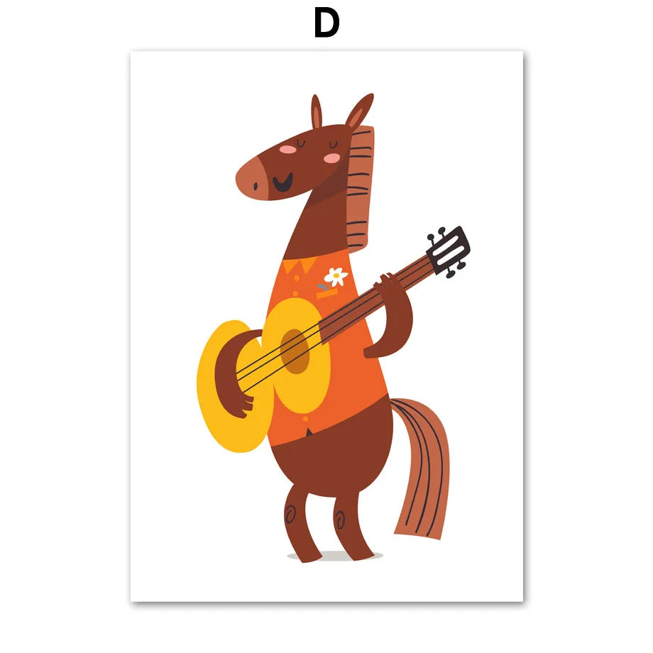 Illustration animée d'un cheval brun jouant de la guitare orange avec une fleur blanche, sur fond blanc.