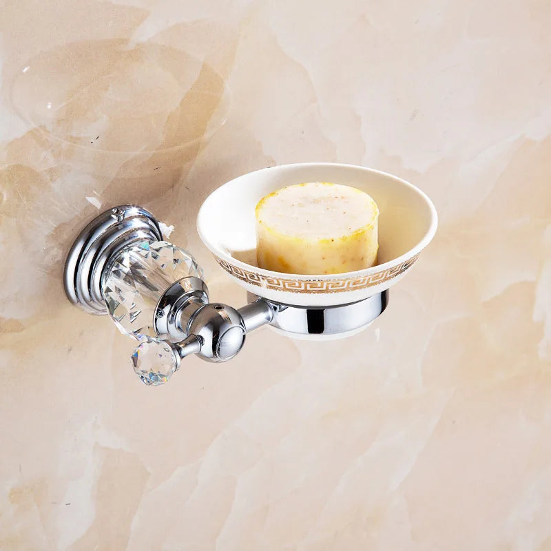 accessoires salle bain chrome cristaux motifs dorés porte savon dentifrice serviettes goblets sèche cheveux