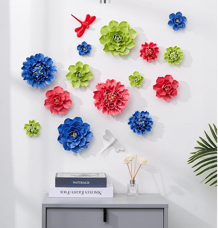 décor mural moderne fleurs artificielles rouge vert bleu adhésif 3d nature morte