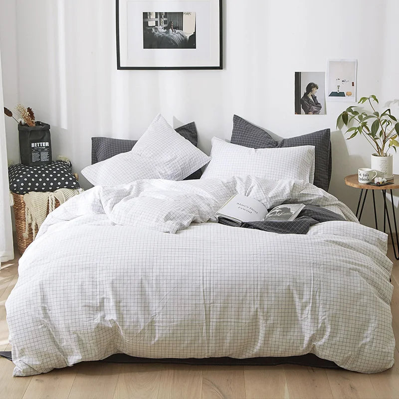 housse couette coton carreaux blancs moderne taies oreiller blanc gris opaques