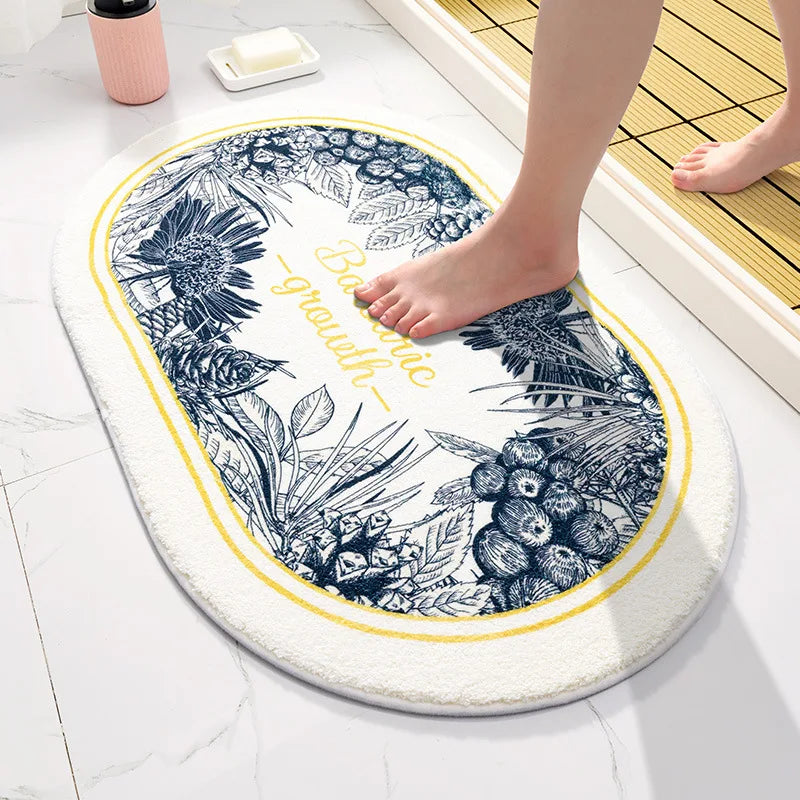 tapis bain antidérapant mousse pe polyester moderne feuilles léopard fruits lettrage blanc noir vert
