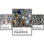 Une collection d'œuvres de l'artiste Kazimir Malevich, pionnier de l'art abstrait, représentant ses compositions géométriques cubistes et suprématistes caractéristiques.