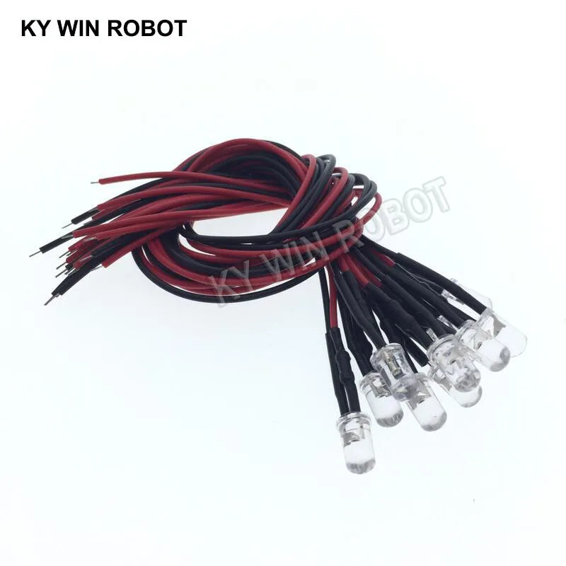 diodes led transparentes opalescentes 5mm ronde lisse 12v 24v fil rouge noir 10 pièces