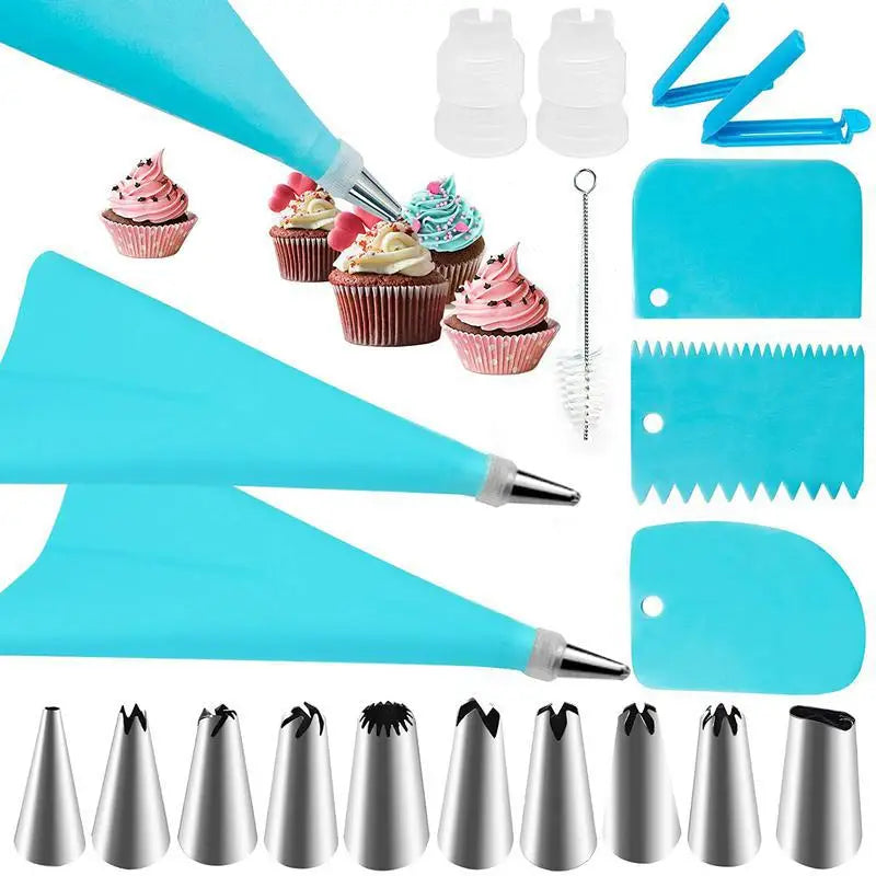 ensemble pâtisserie embouts coniques sacs pâte rose bleu grattoirs brosses nettoyage outils boulangerie