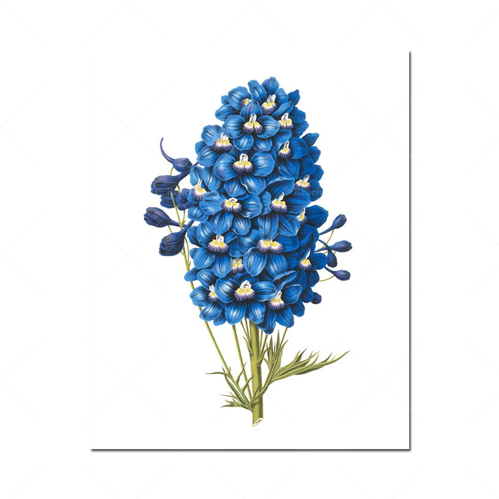 Cette image représente un magnifique bouquet de fleurs bleues avec de petites fleurs jaunes au centre, disposées de manière élégante et naturelle.