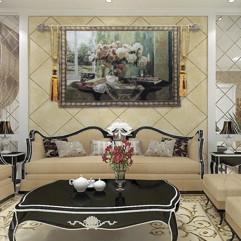 tapisserie coton belge fleurs roses paysage classique lavable machine beige marron vert
