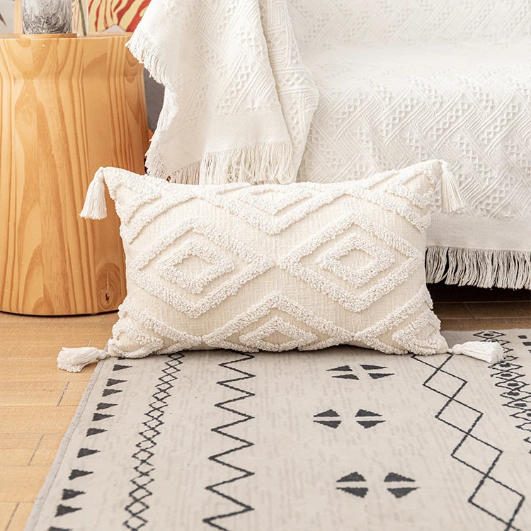 housses coussins coton blanc motif géométrique boho chic tassel opaques 45x45cm 30x50cm