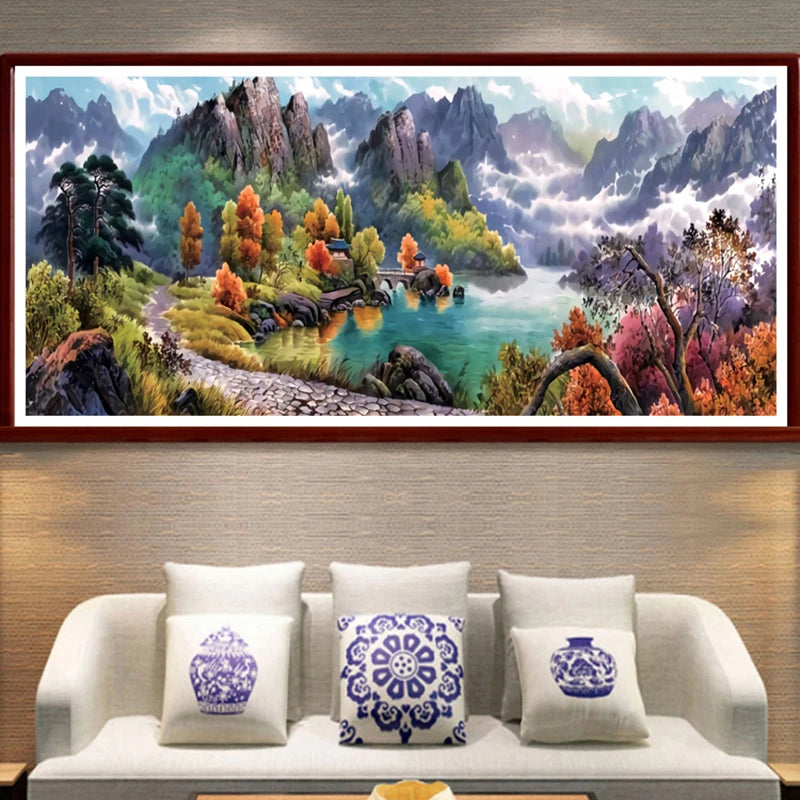 tableau paysage montagneux arbres rivière bois opaque réaliste peinture coton toile