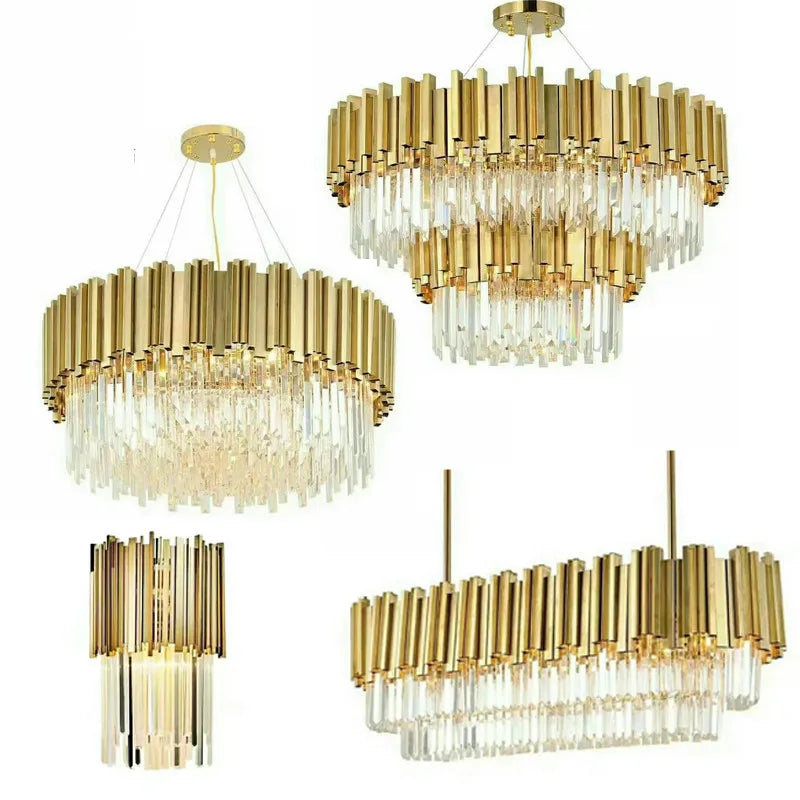 Suspension lumineuse moderne dorée pendants transparents barres rayonnantes salon élégant