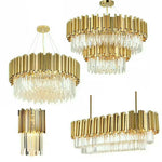 Suspension lumineuse moderne dorée pendants transparents barres rayonnantes salon élégant