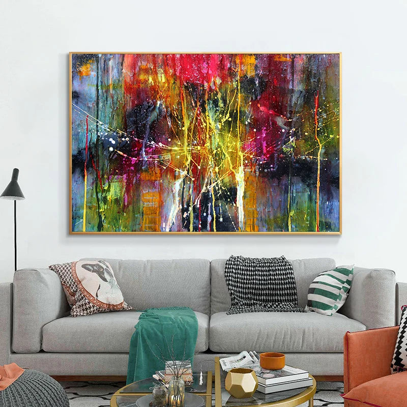 tableau abstrait multicolore contemporain sans cadre impression toile decoration horizontal