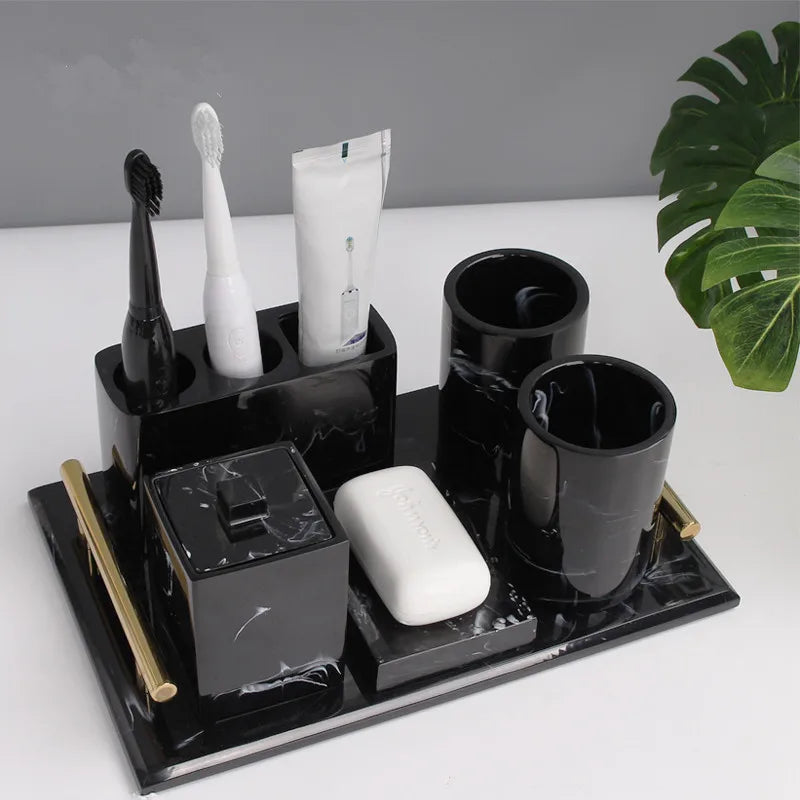 ensemble accessoires salle bain céramique marbre blanc gris distributeur savon porte brosse dentifrice