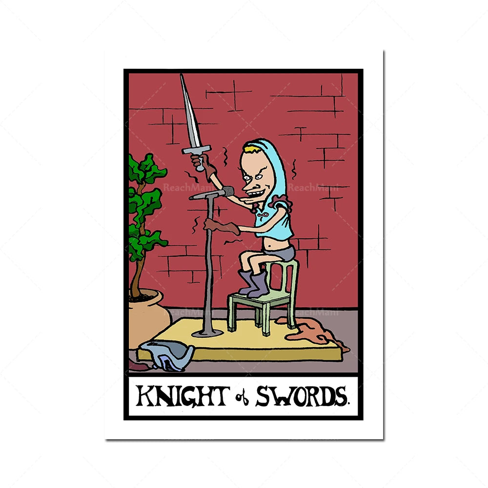 L'image montre un personnage assis sur une chaise, tenant une épée et semblant prêt au combat dans un environnement sombre et inquiétant, avec le titre "Knight of Swords".