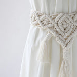 rideau boho blanc rayures verticales macramé bois pompons coton