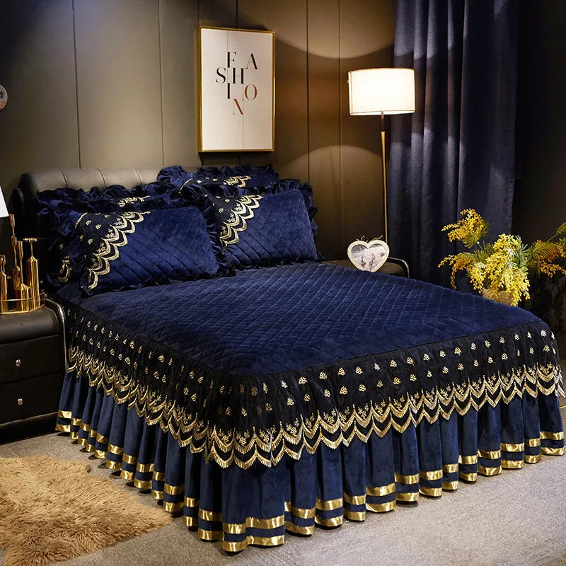 Couvre-lit vintage velours dentelle bleu royal