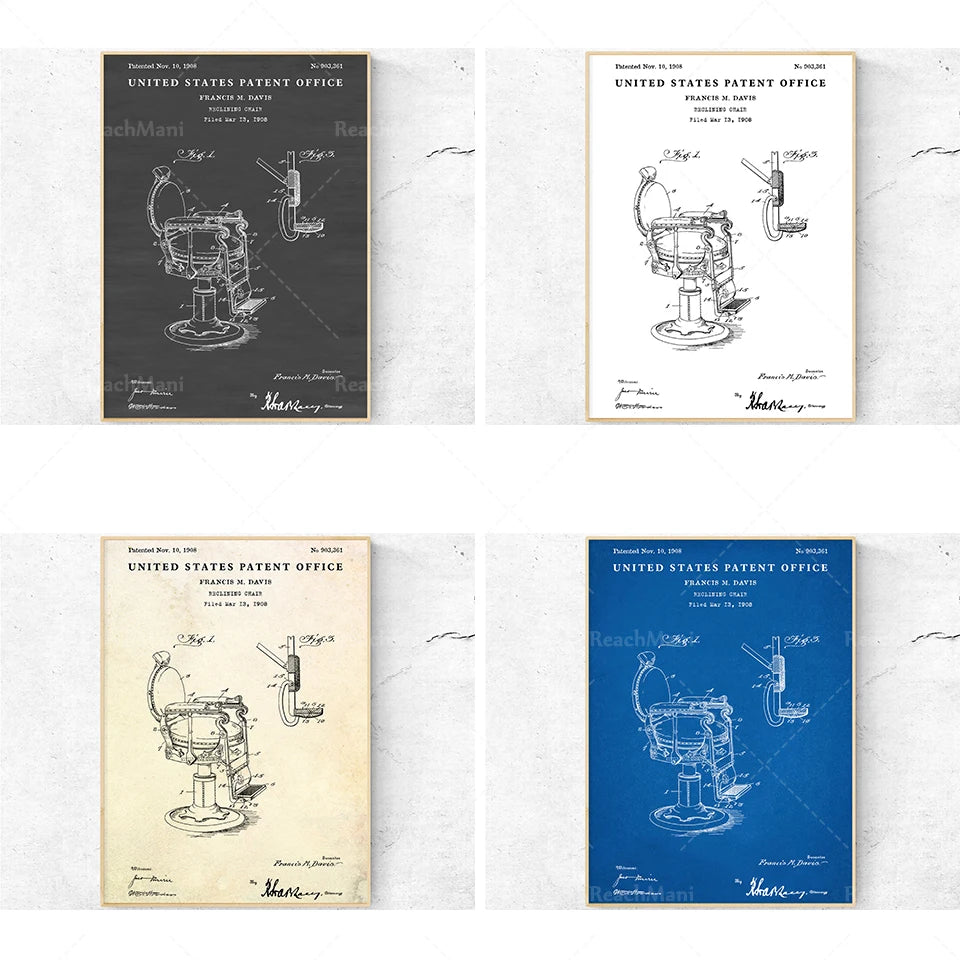 Ensemble de quatre brevets historiques pour un fauteuil de barbier, présentant des plans techniques détaillés et des dessins de conception.