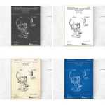 Ensemble de quatre brevets historiques pour un fauteuil de barbier, présentant des plans techniques détaillés et des dessins de conception.