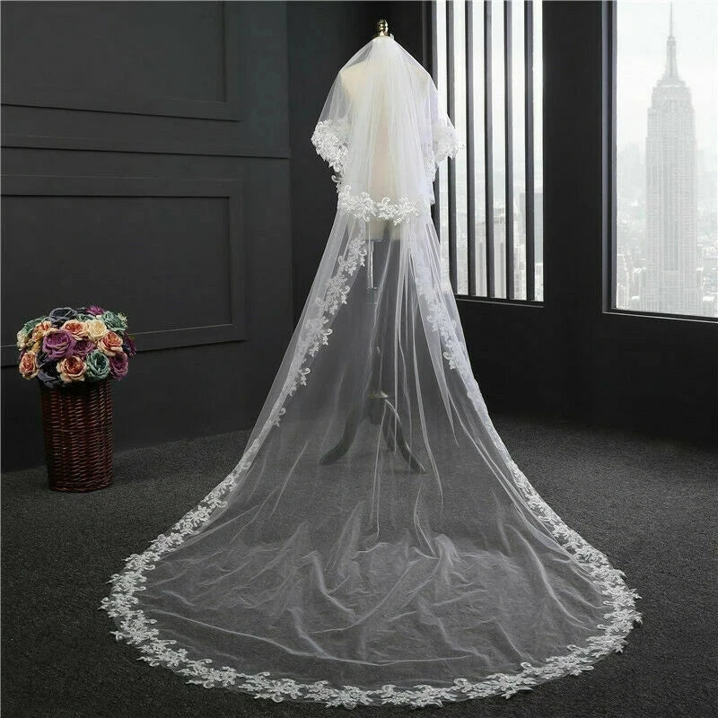 voile mariée deux couches blanc crème broderie florale clips métalliques dentelle classique mantille dentelle