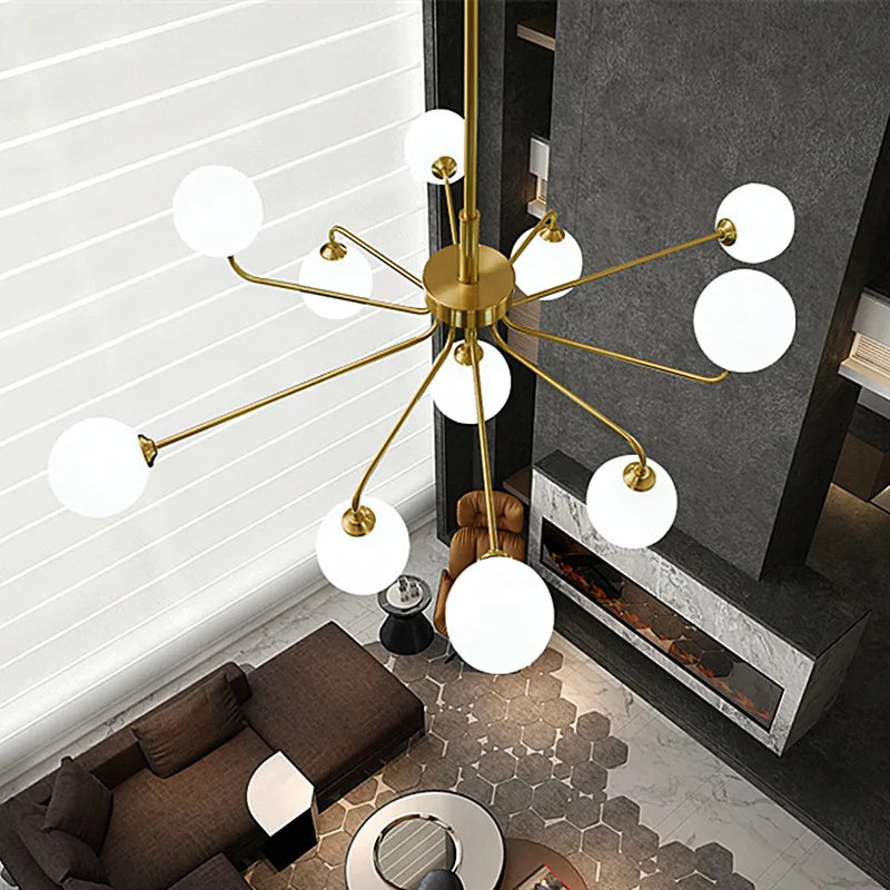 suspension lumineuse moderne or blanc sphères translucides structure métallique interrupteur tactile led
