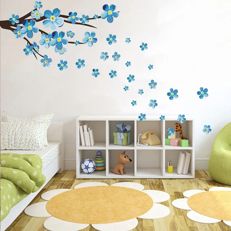 Stickers muraux adhésifs fleurs bleu blanches moderne décoration intérieure chambre salon 90x35cm