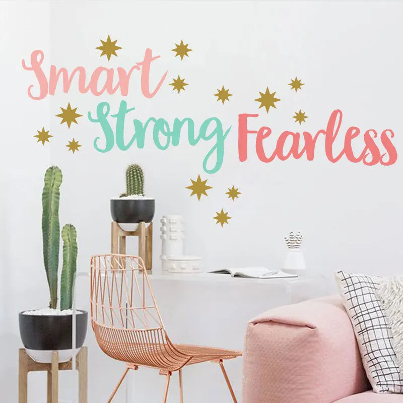sticker mural moderne smart strong fearless étoiles dorées enfantin rose bleuclair opaque chambre coucher