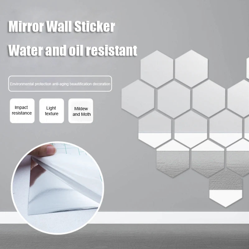 sticker miroir moderne argenté hexagonal adhésif décoration intérieure résistante humidité papier peint réfléchi