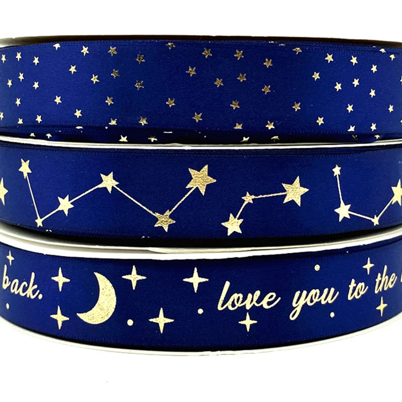 ruban bleu marine étoiles dorées constellations décoratif romantique polyester largeur 25mm longueur 1yard nœuds