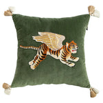 coussin carré vert foncé monogramme blanc velours tassel beige moderne brodé environnemental taie d'oreiller