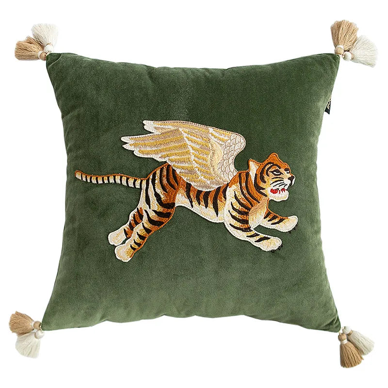 coussin carré vert foncé monogramme blanc velours tassel beige moderne brodé environnemental taie d'oreiller
