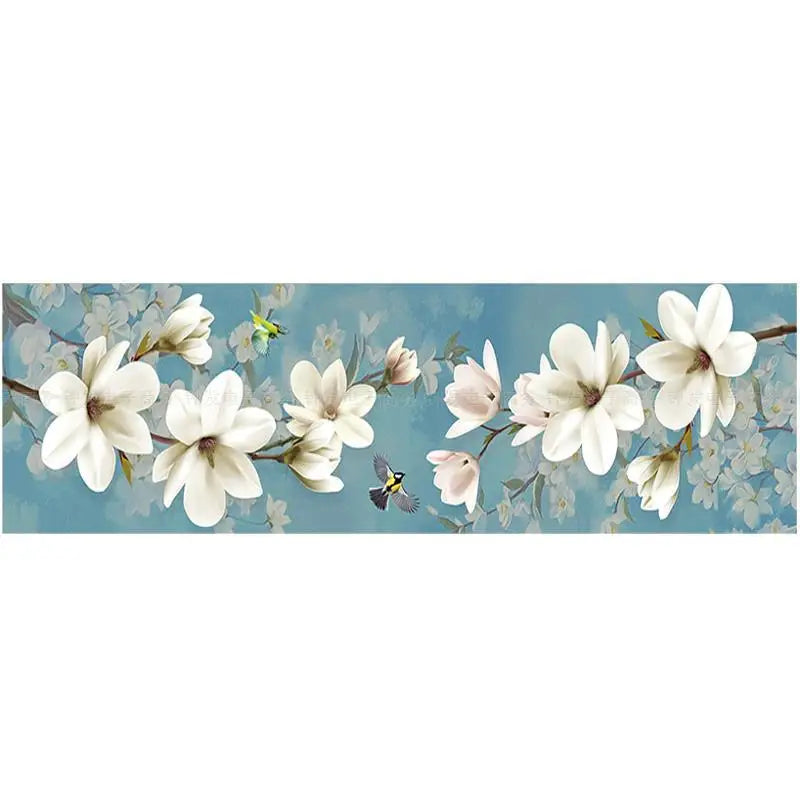 toile d'embroiderie imprimée fleurs blanches roses papillons art floral moderne coton bleu clair blanc