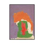 Une image abstraite et colorée montrant des formes géométriques en vert, orange et rouge sur un fond violet.
