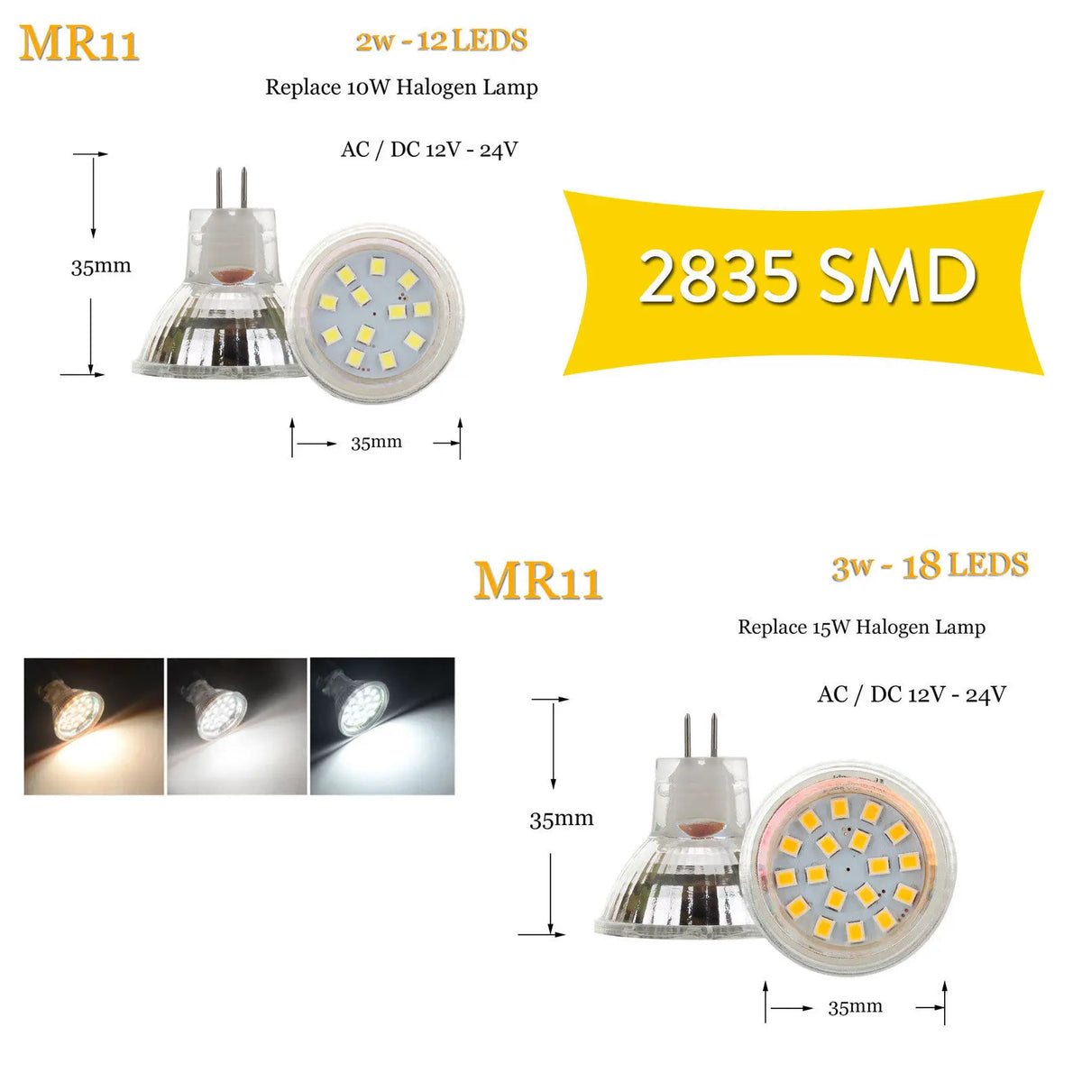 ampoule led mr11 gu4 12v 24v 2w 3w 12leds blanc chaud neutre moderne