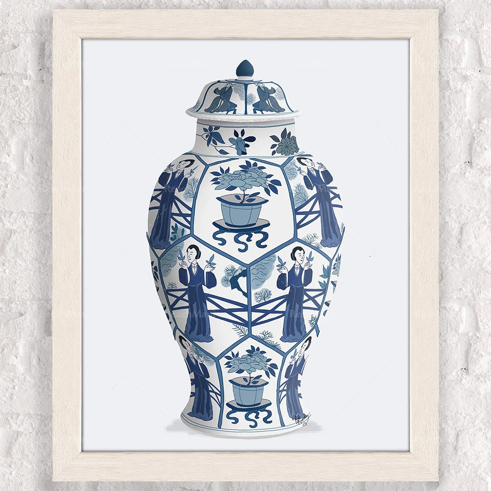 Magnifique vase en céramique orné de motifs floraux et de personnages dans un style chinois traditionnel.