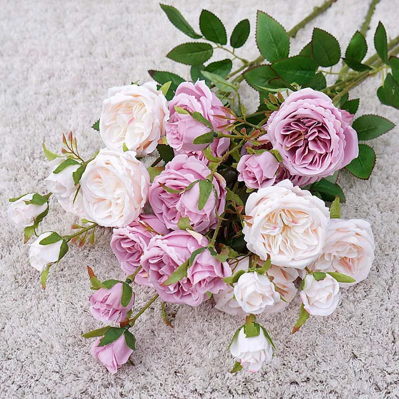 bouquet roses artificielles soie blanc rose clair decoration maison mariage anniversaire intérieur