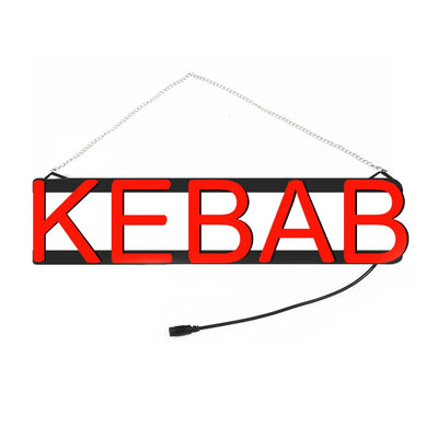 Panneau lumineux LED KEBAB rouge accroché sur mur de bar