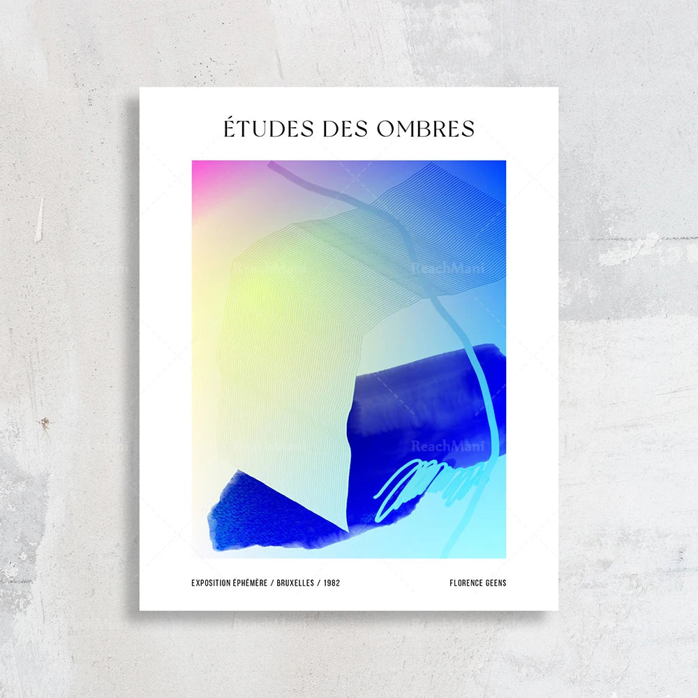 L'image montre une affiche abstraite colorée avec des formes géométriques et des lignes fluides, intitulée "Études des ombres", conçue par l'artiste Florence Geens pour une exposition éphémère à Bruxelles en 1982.