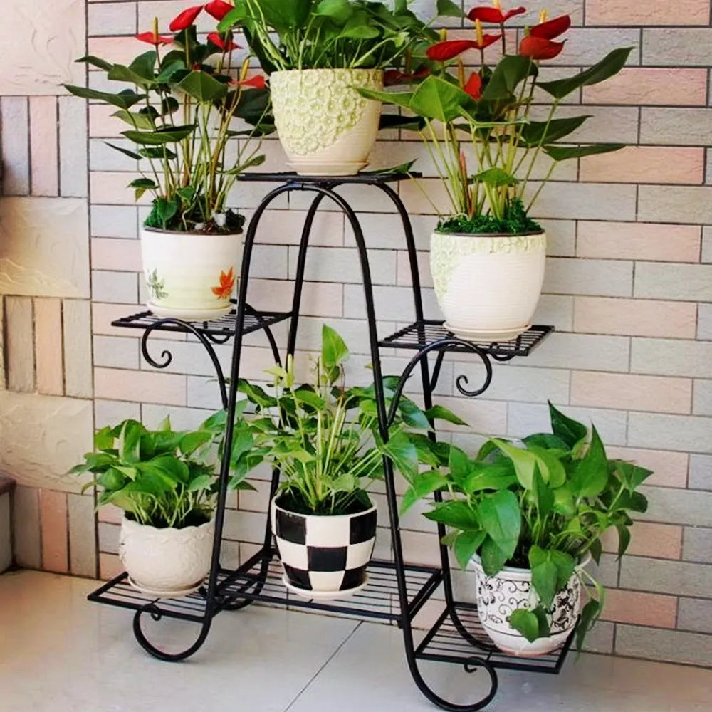 Support de plantes 6 niveaux en métal noir vu de face