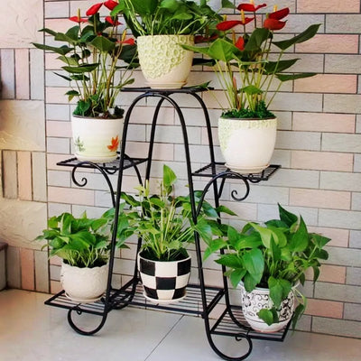Support de plantes 6 niveaux en métal noir vu de face