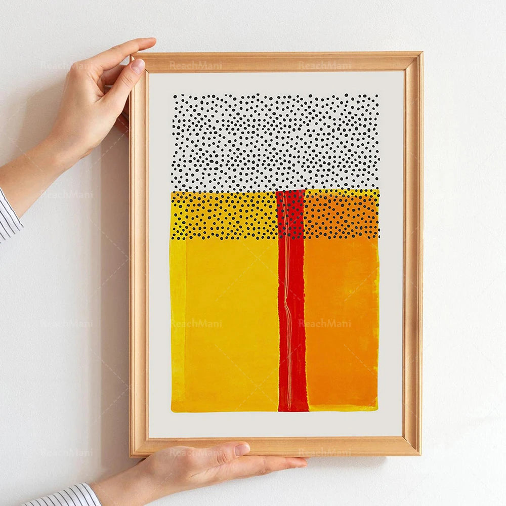 Œuvre abstraite aux couleurs vives et dominées par des motifs géométriques en damier de points noirs et jaunes, avec une bande verticale rouge.