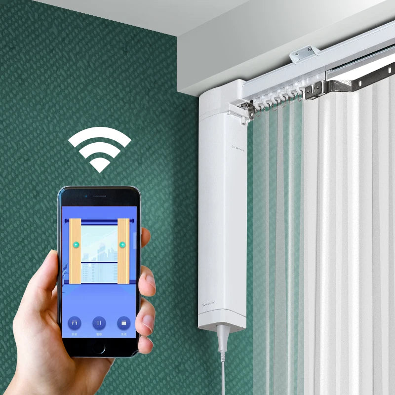 rail rideau motorisé wifi commande vocale domotique blanc moderne programmation horaire support
