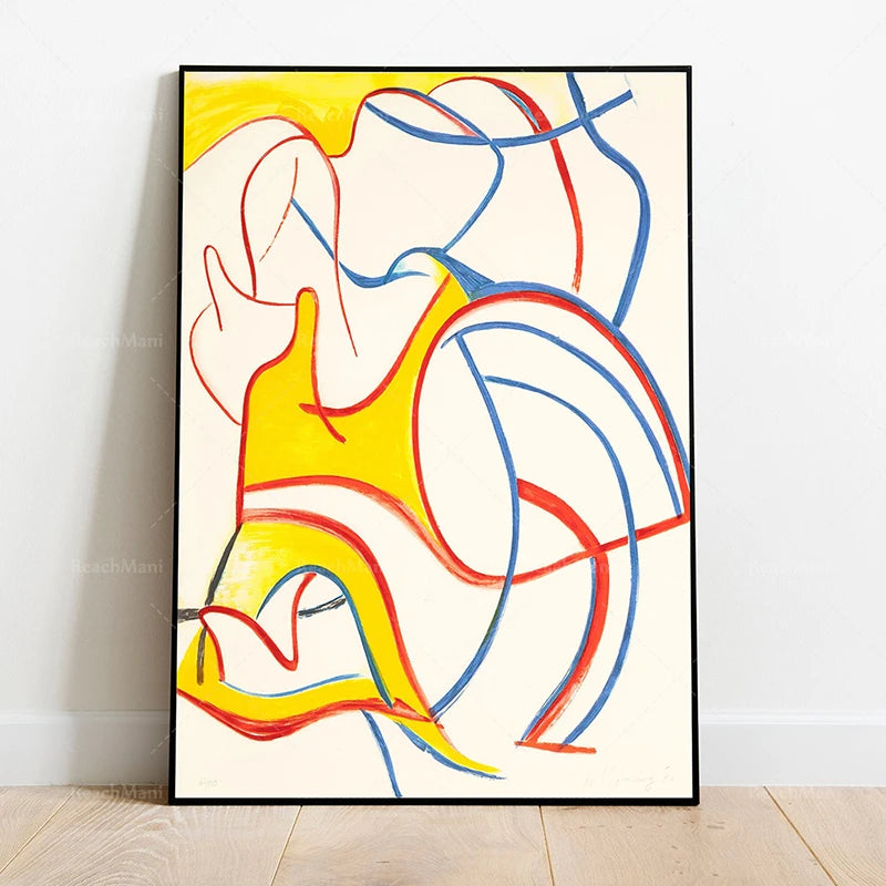 Cette œuvre abstraite colorée présente des formes et des lignes ondulées de différentes couleurs vives, telles que le jaune, le rouge et le bleu, qui créent une composition dynamique et expressive.